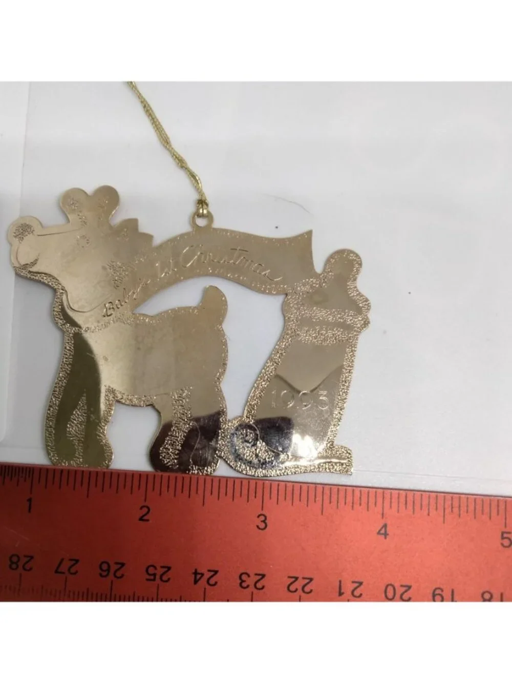 Gloria Duchin Babys 1st Christmas Ornament Gold Reindeer Bottle 1993